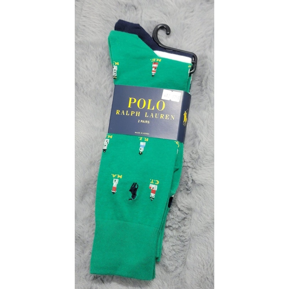 Polo Ralph Lauren Socks Mens 10-13 Green Stripe New England Lighthouse 2 Pack